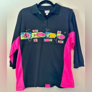 90s Bay Club Unisex Neon Pink/Black Collared Pullover SweatShirt, Tropical Fish